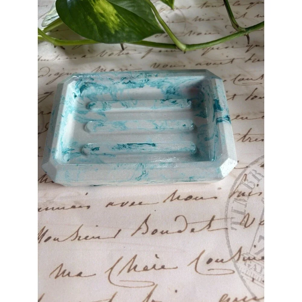 Handmade Soap Dish Cement Soap Holder Bathroom Kitchen Marbled Teal